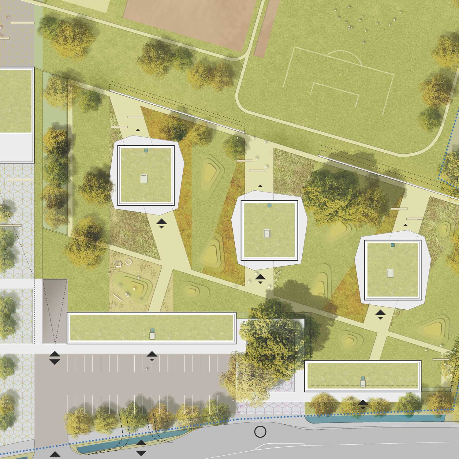 Lageplan-Darstellung grüner Innenhof und Wohntürme vom Projekt Wettbewerb Bildungszentrum Borromäum